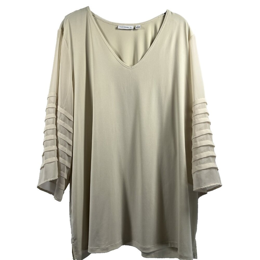 Susan Graver Women Top XL Solid Ivory Pullover Pin Tucked 3/4 Sleeves Semi Sheer